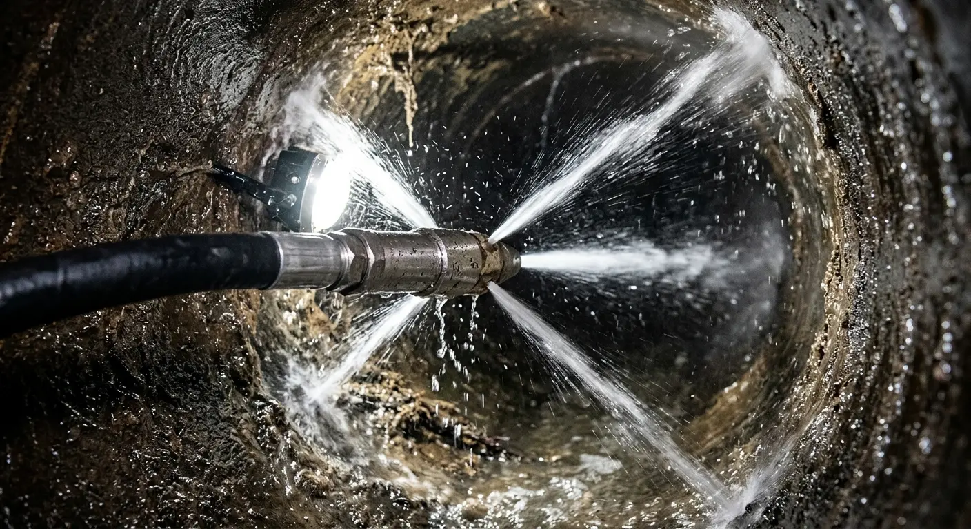 High-pressure hydro jetting nozzle cleaning sewer pipe for Storm Drain Cleaning in Nassau Bay